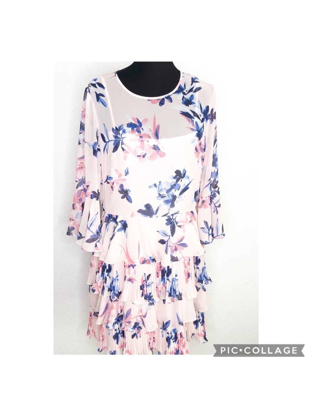Eliza J pink and blue floral tiered ruffled skirt bell sleeve dress size 14